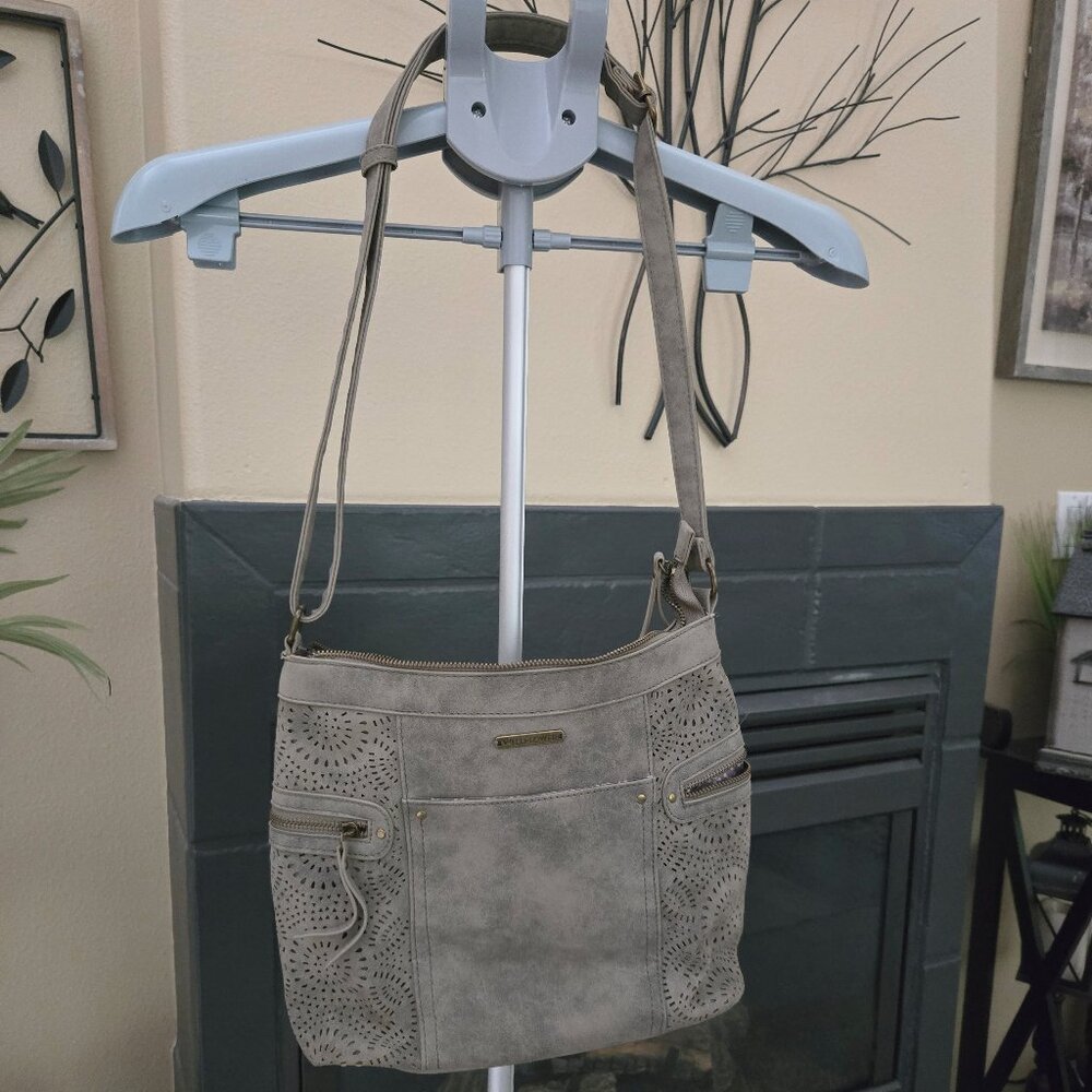 Wallflower gray suede purse with cutout design
